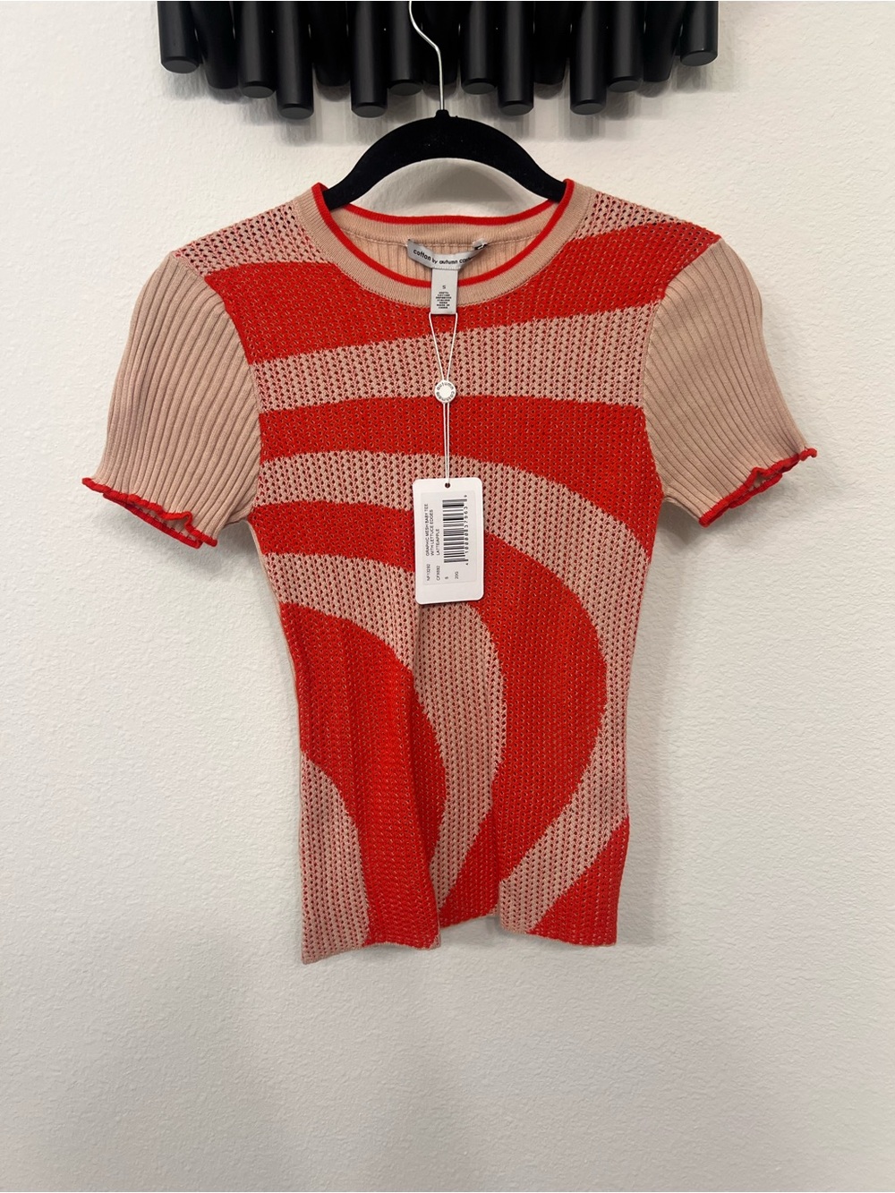 Cotton by Autumn Cashmere Red and Beige Wave Stripe Short Sleeve Knit Tee - Picture 1 of 3